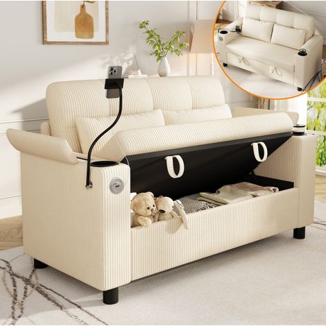 MODFU – Sofá de 2 plazas de pana con almacenamiento bajo el asiento, reposabrazos abatibles, USB-C, portavasos y soporte para teléfono – Beige (1/5)