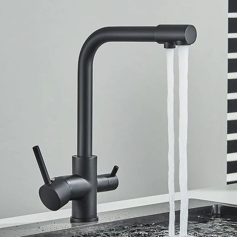 Robinet de cuisine à filtre (Noir mat B) chromé, eau potable pure, montage sur plage, double poignée, mitigeur 3 voies (chaud/froid). (1/5)