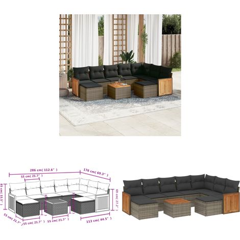 10-tlg. Garten-Sofagarnitur mit Kissen Grau Poly Rattan - Gartenmöbel - Esstischgarnitur - Lounge Set - Outdoor Möbel - Rattan Gartenmöbel - Home & Living (1/3)
