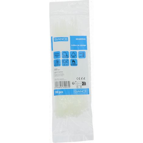 100 COLLIERS DE FIXATION BLANCS 3.6 X 200 MM CONVIENT Pr DIAMETRES DE 3.5 A 52.5 MM, RESISTANCE 180N