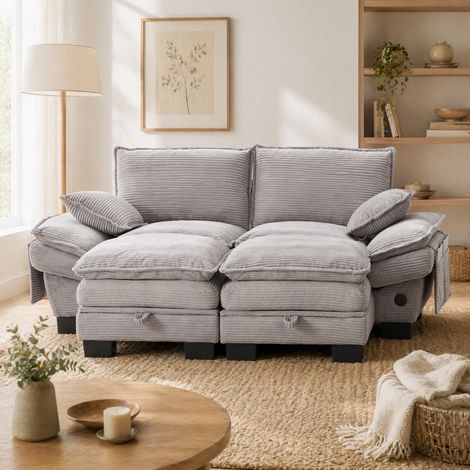 Modulares 2-Sitzer-Sofa 190x132x84 cm aus hellgrauem Cordstoff mit USB-C – MEUBLIV (1/5)