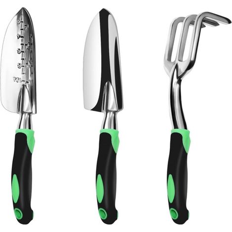 Ensemble d'outils de jardinage, lot de 3, kit de jardinage robuste en aluminium comprenant une truelle à main, une truelle de transplantation et un râteau à main cultivateur