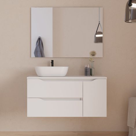 Meuble de salle de bain 100cm avec plateau, vasque à poser déportée à gauche Zeus et miroir - 2 tiroirs et un placard - blanc - ZARZA