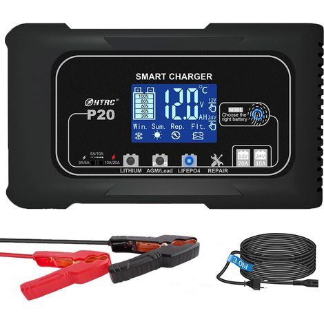 Chargeur de Batterie Intelligent 20A, Mainteneur Automatique pour Camion, Moto, Marine Lithium et Plomb (1/5)