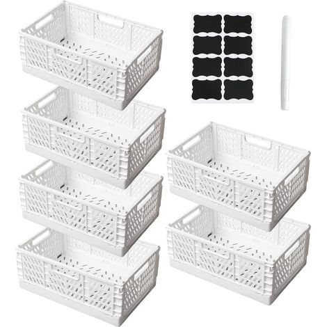 Lot de 6 Boîtes de Rangement Pliables avec étiquettes et Stylos,Paniers de Rangement Pliables avec Poignées,Empilables pour Cuisine,Bureau et Tiroirs (Blanc, 22×14,8×9,3 cm) (1/5)