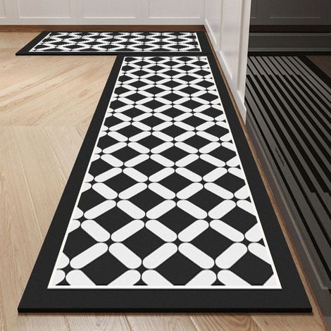 LAN Géométrie en noir et blanc - 1 4020 cm de boue de diatomées Tapis de cuisine, tapis de sol absorbant en terre de diatomées, facile à nettoyer, tapis rectangulaire antidérapant pour usage domestiqu (1/5)
