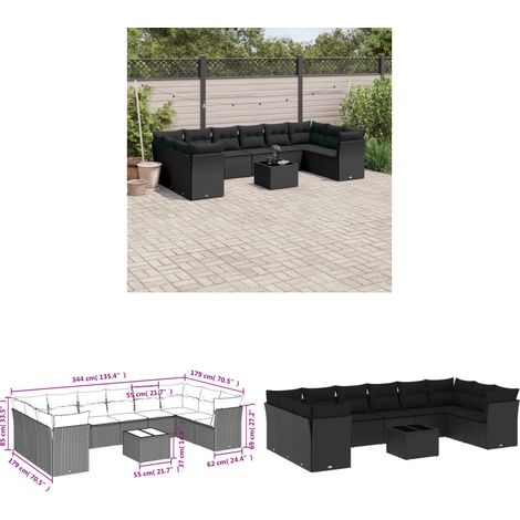11-tlg. Garten-Sofagarnitur mit Kissen Schwarz Poly Rattan - Gartenmöbel - Esstischgarnitur - Outdoor Möbel - Lounge Set - Rattan Sofa - Home & Living