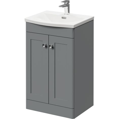Wholesale Domestic Danbury Satin Grey 500mm Floor Standing Vanity Unit with 1 Tap Hole Curved Basin and 2 Doors with Polished Chrome Handles (1/5)