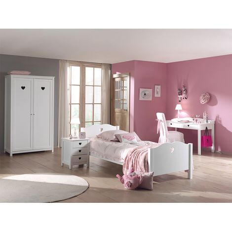 MILADY - Lit 90x200cm avec Sommier + Chevet + Armoire 2P + Bureau (1/5)