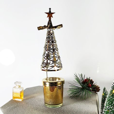 JSSEVN - Vela de carrusel con forma de árbol de Navidad, portavelas giratorio para velas pequeñas, candelabro navideño giratorio, decoración de mesa navideña para fiestas de boda. (1/5)