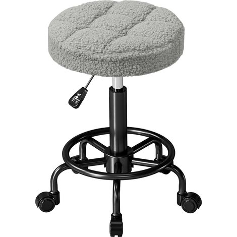 Taburée Giratorio Redondo con Ruedas, Altura Ajustable 50-66 cm, Asiento Tapizado Borreguito Gris