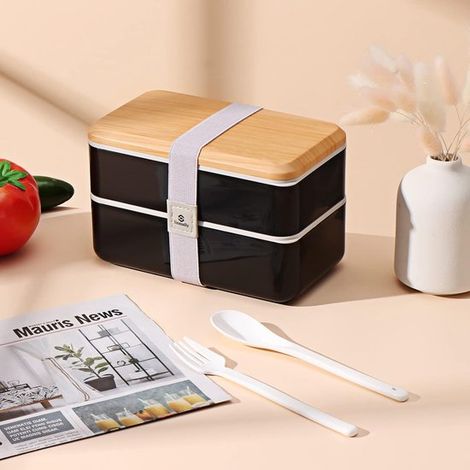 Lunch Box Adultes - Boîte Bento Japonaise de 1400ml avec compartiments, Boîte à lunch pour adultes, Conteneur à lunch boîte à pain japonaise avec couverts, Boîte à en-cas boîte à sandwich (Noir) (1/5)