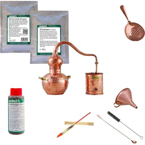 Destille Komplettset - Destille Alembic premium 1 Liter Kupfer mit Zubehör und Gärhilfsmittel