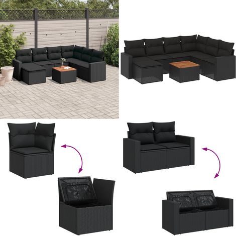 8-tlg. Garten-Sofagarnitur mit Kissen Schwarz Poly Rattan - Gartenmöbel Set - Esszimmergarnitur Outdoor - Lounge Möbel - Rattan Gartenset - Balkonmöbel - Home & Living (1/5)