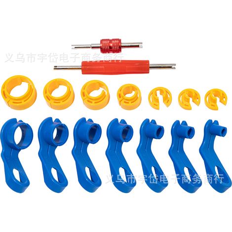 Set of 16 quick-release coupling tools for automotive air conditioning hoses, fuel line disconnectors and plug disconnectors.