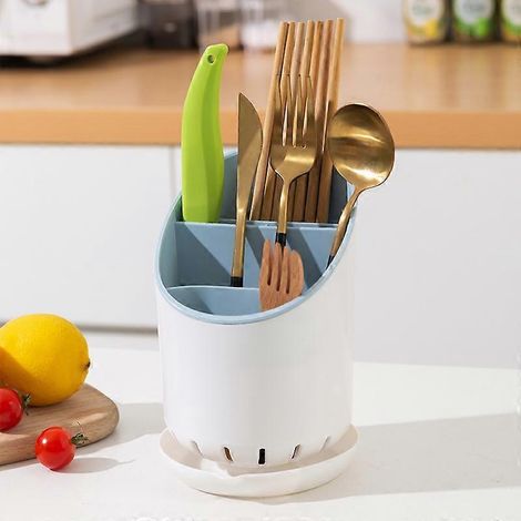 Porte-ustensiles bleu, égouttoir à couverts, rangement pour fourchettes, couteaux et cuillères de cuisine, panier de rangement pour ustensiles de cuisine (1/5)