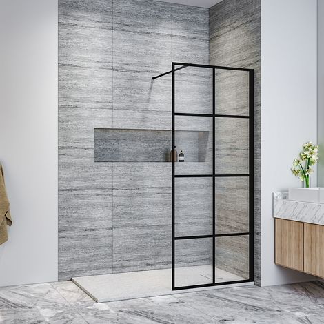 ELEGANT 800mm Black Aluminium Frame Walk in Shower Enclosure 8mm Easy Clean Glass Screen Wet Room Bathroom Cubicle 1500x800mm Tray + Waste Trap (1/5)