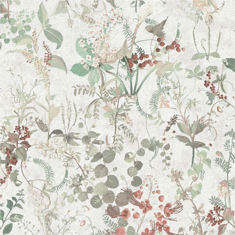 Papel pintado floral Profhome 388252 papel pintado vinílico estampado en caliente tejido non tejido texturado con ornamentos florales mate blanco rojo verde oliva beige 5,33 m2