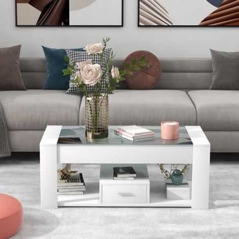 Table basse 100x50x40 cm, plateau en verre, 1 tiroir et étagère ouverte, pour salon, blanc (1/5)