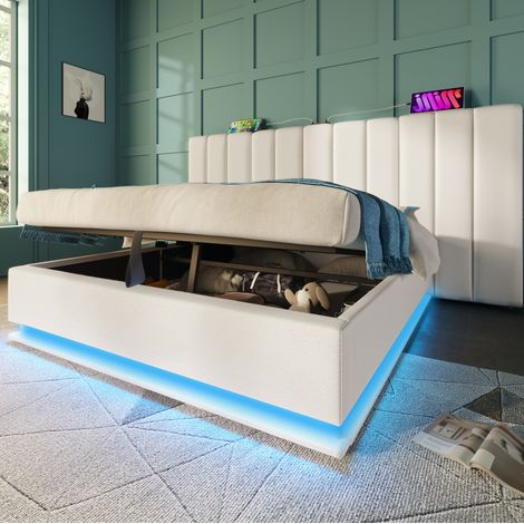 Letto a cassone 160x200 cm imbottito con LED, ricarica USB-C e rete a doghe inclusa, ecopelle bianca, senza materasso e comodino (1/5)