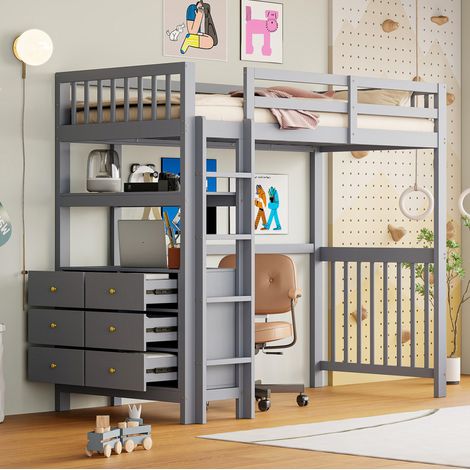 Lit mezzanine enfant en bois gris 90x200 cm avec rangement intégré, échelle verticale et sommier à lattes (1/5)