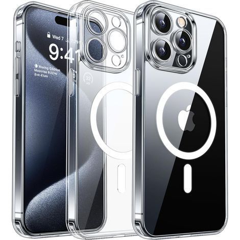 Coque magnétique transparente compatible avec iPhone 15 Pro, améliorée [Protection intégrale de l'appareil photo] [Compatible avec MagSafe] Ne jaunit pas (1/5)