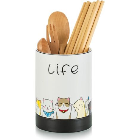 Porte-ustensiles de cuisine, porte-couverts en céramique avec motif de chat mignon, porte-couverts pratique (1/5)