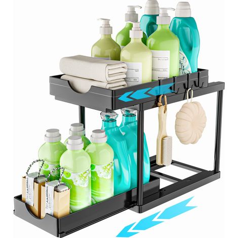 LEDANDER Organizador bajo el lavabo para baño, cesta deslizante de 2 niveles, cesta de almacenamiento versátil para baño (negro) (1/5)