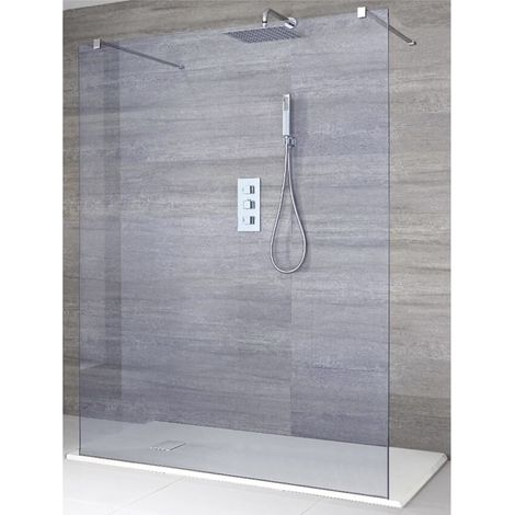 Milano Portland-Luna Chrome Floating Walk In Frameless Wet Room Shower Enclosure with Smoked Glass Screen Support Arms and White Slate Effect Tray - 1400mm x 900mm (1/5)