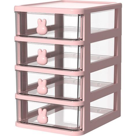 Boîte de Rangement de Bureau Multiniveau Transparente Grande Capacité avec Poignée Lapin, Organisateur à Tiroirs pour Livres et Stylos, Rose, 4 Niveaux (13.4x17x21cm) (1/5)