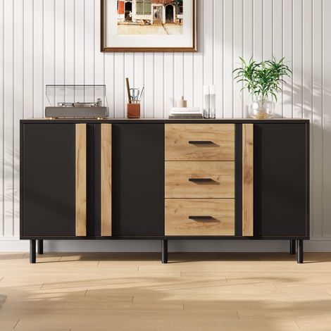 Modernluxe - Buffet moderne 140 x 35 x 70 cm - 3 portes et 3 tiroirs - 6 pieds métalliques robustes - MDF - Noir et naturel (1/5)