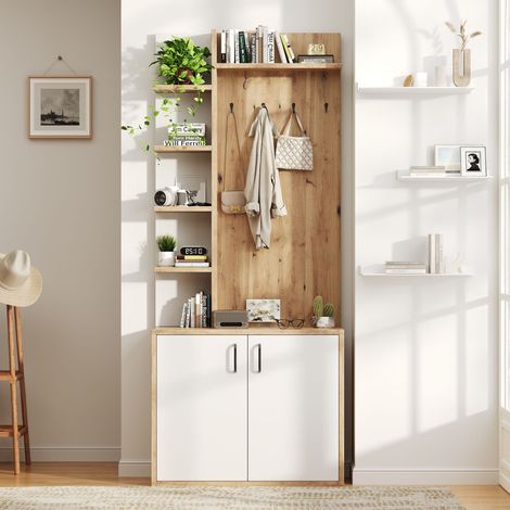 Armoire d'entrée Penderie 75x33x180 cm,Rangement chaussures,5 Niveaux,Crochets et placards,Bois naturel et blanc