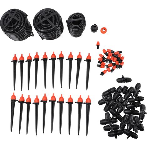 Sistema de riego por goteo con boquilla ajustable y conector rápido, kit de riego automático para césped, jardín e invernadero. (1/5)