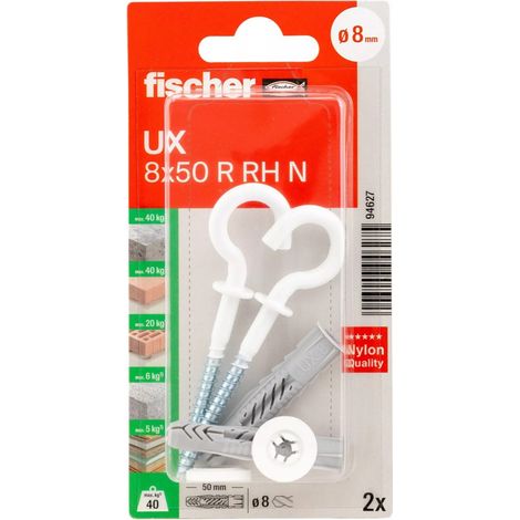 FISCHER 094627 Universaldübel UX 8 x 50 RH mit Rundhaken, nylonbeschichtet, 2 Stk (1/5)