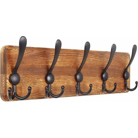 Wandgarderobe aus Holz, 5 Dreifachhaken, 44 cm hohe Garderobe aus Massivholz für Mäntel und Jacken, Braun
