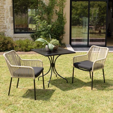 MALO - Ensemble de jardin - table 70x70cm et 2 fauteuils beiges noirs (1/5)