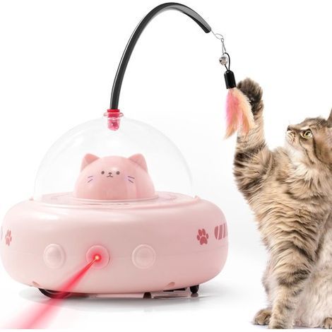 Jouet interactif pour chat – Jouet électrique rechargeable 2 en 1 avec laser et plumes – Lutte contre l'ennui pour chats et chatons d'intérieur – Rose 11 x 11.5 x 28 cm (1/5)
