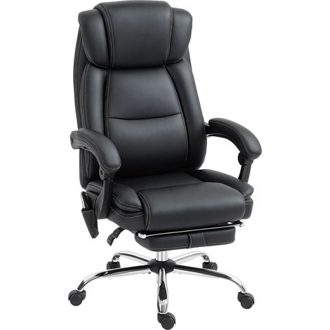 Ergonomischer Bürostuhl mit Massagefunktion, Arbeitsstuhl mit Fußstütze, schwarzes Kunstleder