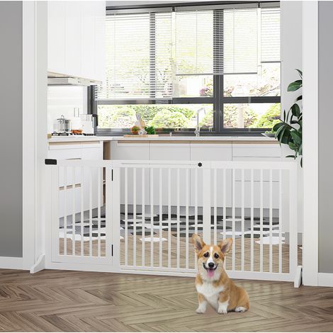 CHICFURN Barrera de seguridad para perros 113-166 x 36 x 71 cm de madera blanca con puerta (1/5)