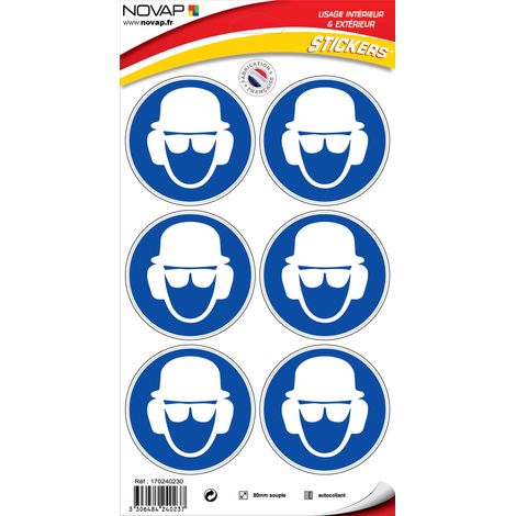 Planche 6 Pictogrammes Ø 80mm - Obligation de porter un casque, lunettes et casque anti bruit - 4240237