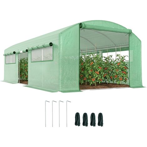 Serre tunnel verte 6x3x2 m avec 3 portes sectionnelles, 6 fenêtres et structure acier, abri culture design sobre pour grand jardin pratique et modulable