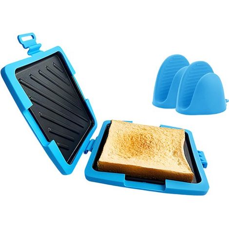 Appareil à sandwichs pour micro-ondes - Appareil à sandwichs - Plaque de cuisson - Appareil à panini - Grille-pain - À combiner avec un jeu de pinces - Silicone - Bleu (1/5)