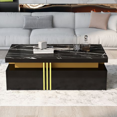 TV-Schrank und Couchtisch aus Spanplatte in Schwarz mit Marmor-Optik, modernes Wohnzimmer-Set (1/5)