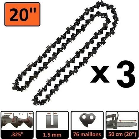 Catene per motosega, set da 3 - 50 cm (20 pollici) - 76 maglie - spessore 1,5 mm (1/2)