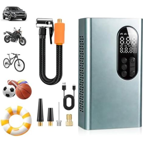 Compresseur d'air portable pour gonfleur de pneu, gonfleur de pneu de voiture sans fil 150 PSI (10,3 bars) avec lumière LED, gonflage rapide, pompe à vélo rechargeable pour voiture, vélo, moto, ballon (1/5)