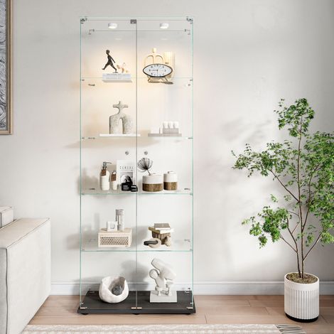 Vitrina in vetro 5 livelli con LED personalizzabile, armadio vetrina a doppia porta in vetro temperato, mobile espositivo moderno con ripiani, faretti LED regolabili, base nera