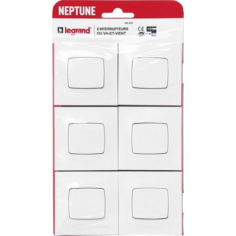 Interrupteur ou Va-et-vient Neptune 10A - Commande d'Éclairage Monobloc - Prêt à Installer - Blanc - Lot de 6 (1/3)
