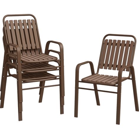 Set aus 4 stapelbaren Gartenstühlen mit hohen Rücken- und Armlehnen, Stahlrahmen, 56 x 66 x 91 cm, dunkelbraun