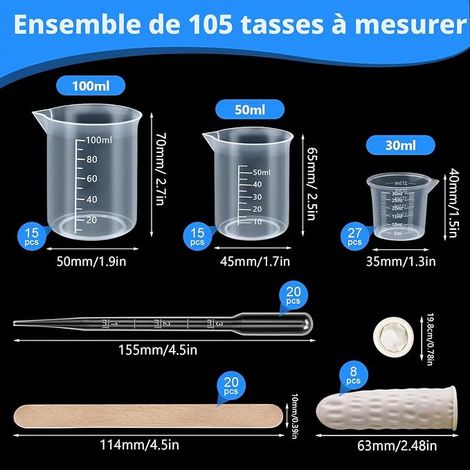 Measuring Cups, 30ml 50ml 100ml Verre Doseur Plastique Verre Doseur Cuisine avec Agitateurs et Pipettes, Peinture Époxy Artisanat Détergent Produits Chimiques (1/4)