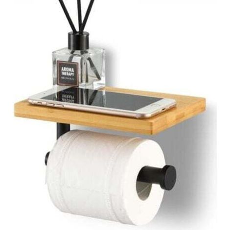 Porte Papier Toilette avec Etagère Bambou Salle de Bain Porte Rouleau en Acier Inoxydable SUS304 Support Mural Noir Mat,Version sans perçage (1/4)